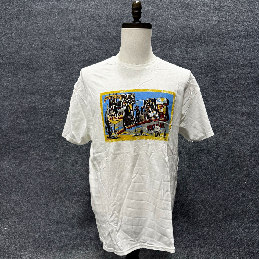 Las Vegas Nevada Postcard Graphic Tee White Mens Large Distressed Tourist Tee